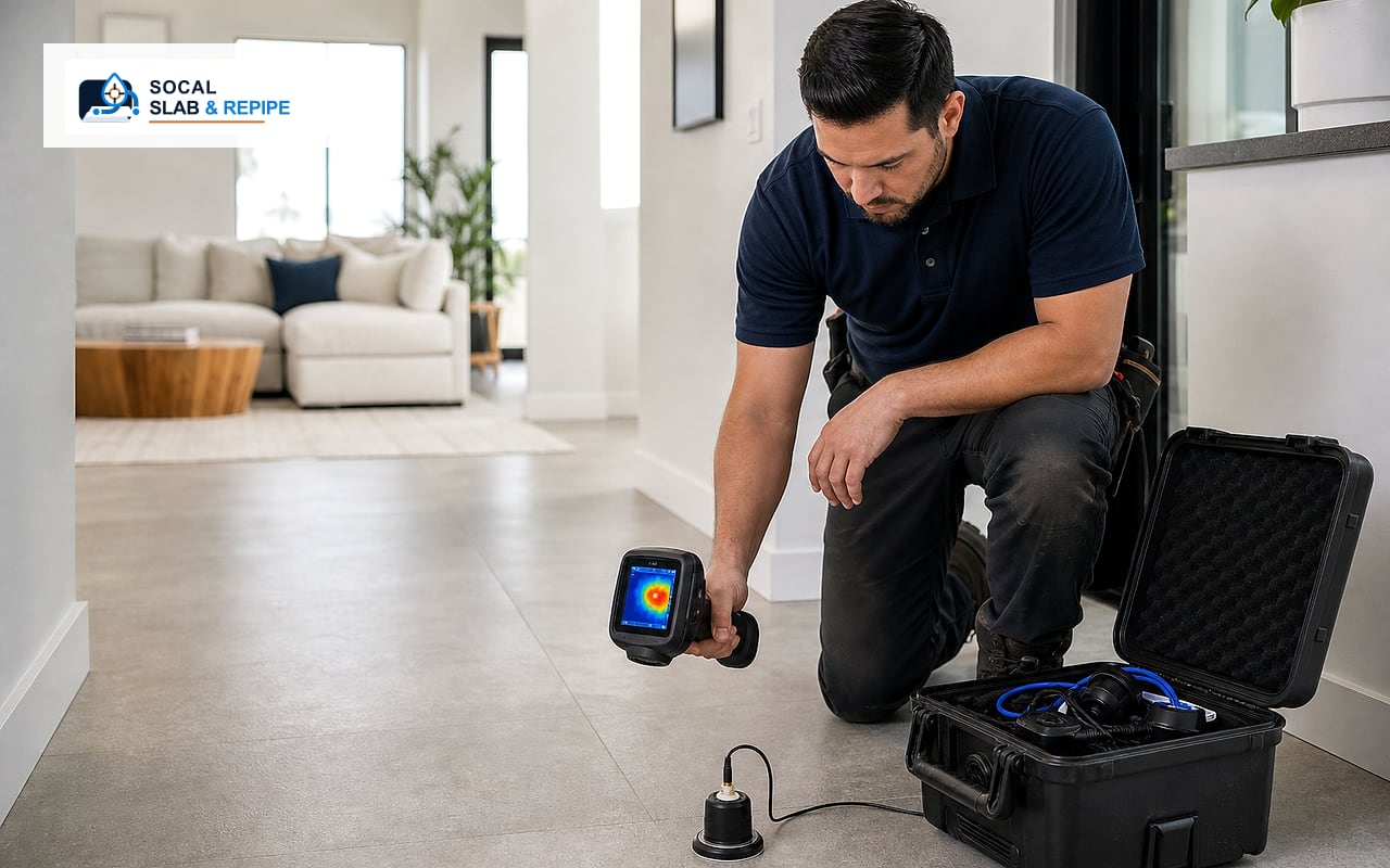 Plumber working on slab leak detection equipment in a modern home