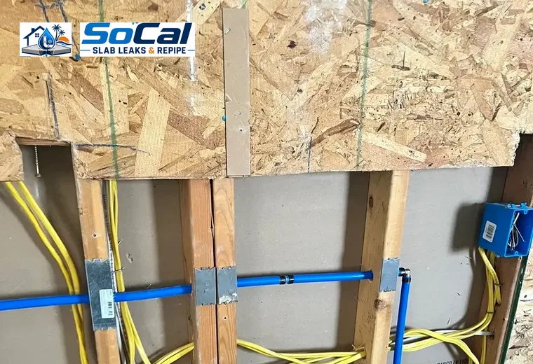 Repiping and water line rerouting wall access in Riverside County home