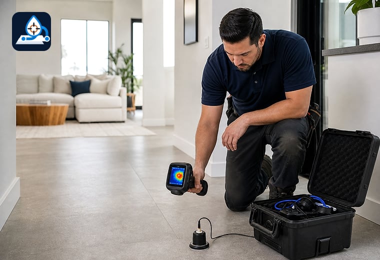 Plumber using slab leak detection equipment on tile flooring