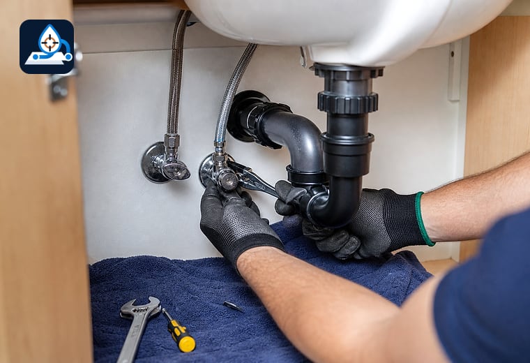 Plumber repairing supply valve under a sink